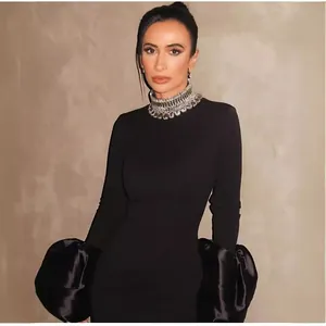 Elegant black evening dress with crystal rhinestone collar and puffed bell sleeves