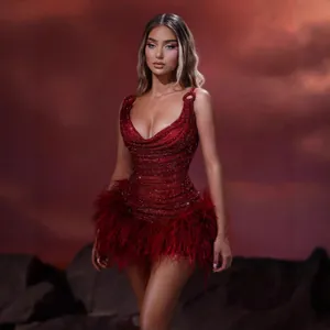 Vestido Mini para Mujer Rojo con Lentejuelas y Plumas Sexy Cuello en V Tirantes Finos Brillante Vestido de Fiesta Lujo Cumpleaños Navidad
