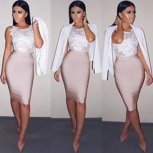 Elegant nude high-waist bandage pencil skirt outfit shown in three different model poses