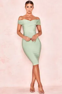 Elegant off-the-shoulder mint green bandage dress for cocktail parties and formal events.