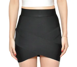 Detailed view of elegant black bandage mini skirt featuring front cross-over design