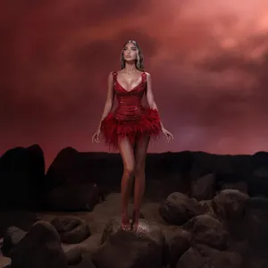 Elegante mini vestido de lentejuelas rojas con plumas de lujo para cumpleaños y fiesta de Navidad