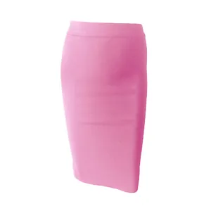 Close-up view of a pink high-waisted bodycon pencil skirt with a classic knee-length cut.