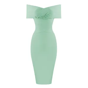 Elegant mint green off-the-shoulder bandage dress with a cross-over sweetheart neckline