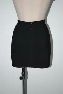 Detailed view showing the back zipper of a sexy black high-waisted bandage mini skirt