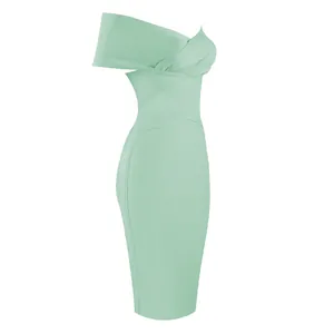 Elegant mint green off-shoulder bandage bodycon dress with flattering pleated bust detail