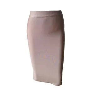 Close-up detail of an elegant mauve bodycon bandage midi skirt with high elasticity