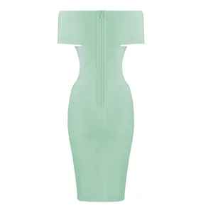 Back view of a mint green off-the-shoulder bandage dress with a visible zipper
