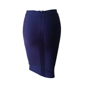 Detailed back view of a navy blue bandage bodycon skirt with hidden rear zipper