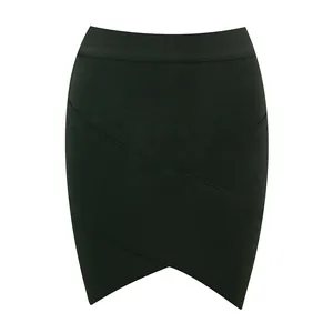 Close-up of black bandage mini skirt featuring a crossover wrap hem design