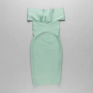Elegant mint green off-shoulder bandage dress with waist crossover design detail