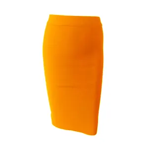 Detailed view of vibrant orange pencil bandage skirt featuring elegant bodycon fit
