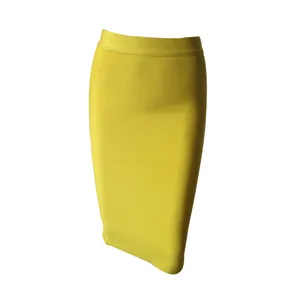 Detailed view of a yellow bodycon bandage skirt with elegant knee-length cut