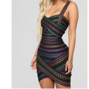 Women Sexy V-Neck Houndstooth Foil Print Bodycon Bandage Dress Iridescent Mini Party Dress Multicolor Slim Fit Clubwear