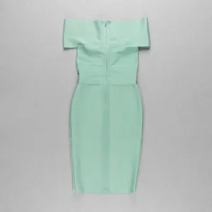 Detailed back view of a mint green off-shoulder bodycon bandage dress with hidden zipper