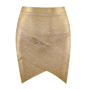 Close-up of a gold metallic crossover bandage mini skirt for a sexy evening look
