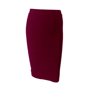 Close-up of burgundy high-waisted bodycon pencil skirt with elastic waist