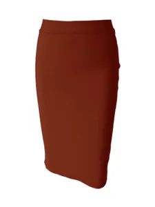 Full view detail of a high-waisted burnt orange bodycon pencil skirt with a clean hemline