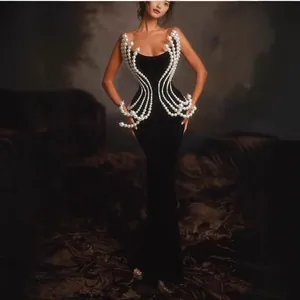 Women Sexy Strapless Bodycon Evening Dress Slim Fit Long Tube Top Gown With Artificial Pearl Beading For Party Banquet