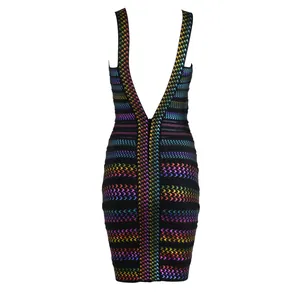Detailed view of sexy V-neck bodycon dress with multi-color metallic houndstooth pattern