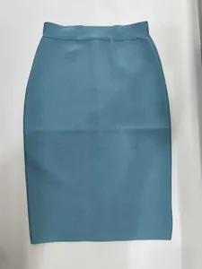 Elegant blue bodycon bandage pencil skirt with knee-length design and stretch fabric.