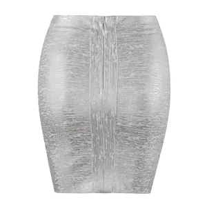 Detailed view of silver metallic bandage mini skirt featuring back hidden zipper closure