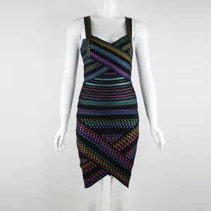 Detailed view of V-neck bandage dress with shimmering rainbow houndstooth pattern.