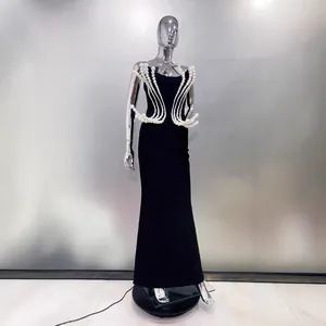 Elegant black strapless long evening dress with exquisite pearl bead embellishments for formal gala