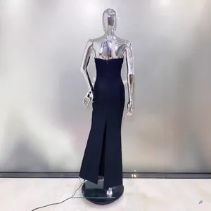 Elegant black strapless bodycon evening gown featuring a sleek back slit and slim fit design