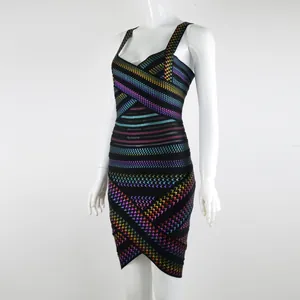 Elegant V-neck bodycon bandage dress with a vibrant rainbow holographic houndstooth pattern.