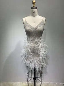 Detailed view of glamorous mini dress featuring silver sequins pearls and white feather trim