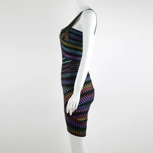 Side view of sexy rainbow houndstooth foil print bandage bodycon dress for women.