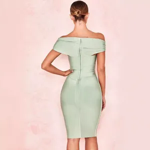 Elegant sage green off-the-shoulder bandage bodycon party dress with back zipper