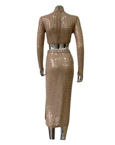 Back view detail of nude bodycon set featuring shimmering square rhinestones