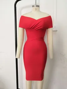 Elegant red off-the-shoulder bandage dress for women, bodycon slim fit style.