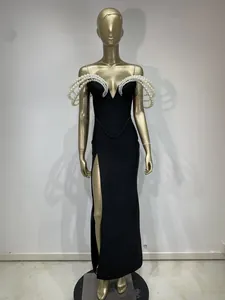 Elegante vestido de noche bandage negro con perlas 3D en el busto y abertura lateral alta