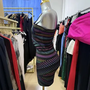 Sexy rainbow houndstooth bodycon bandage dress with spaghetti straps and slim fit.
