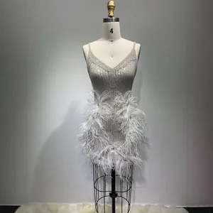Sexy sequin mini dress with feather trim for stage performance and clubwear events.