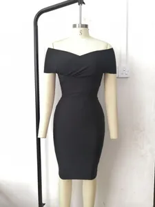 Elegant black off-shoulder bandage bodycon dress displayed on a professional mannequin