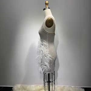 Elegant white feather patchwork sequined mini dress for stage and party performance costume