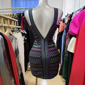 Sexy V-neck bodycon mini dress featuring a vibrant rainbow houndstooth pattern back view