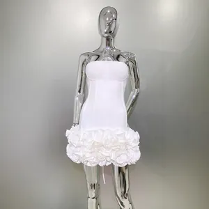 Elegant white strapless bandage dress featuring a 3D floral ruffled hem for a slim fit.