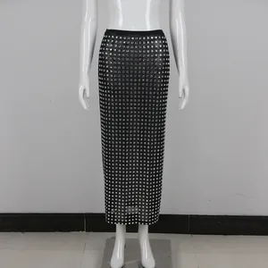 Sheer black mesh pencil skirt featuring sparkling square rhinestone embellishments all over