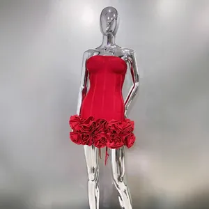 Elegant red strapless bandage bodycon dress with ruffled floral hem on mannequin