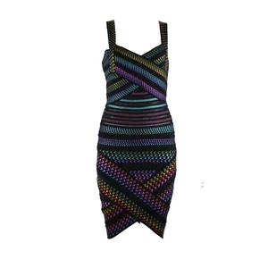 Rainbow holographic houndstooth V-neck bodycon bandage dress for women