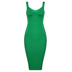 Front view detail of an emerald green bodycon bandage dress with criss-cross V-neck.