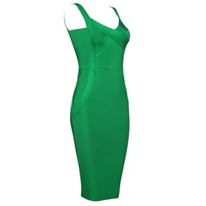 Professional side view of a vibrant green V-neck bodycon bandage dress showing quality.