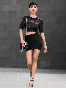 Sexy black lace crop top and asymmetric mini skirt two-piece fashion set for women
