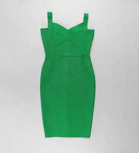 Close-up view of a vibrant green V-neck bodycon bandage dress with crossover bust design