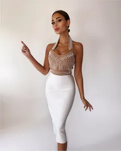 Robe midi bandage dos nu élégante avec détails de perles blanches